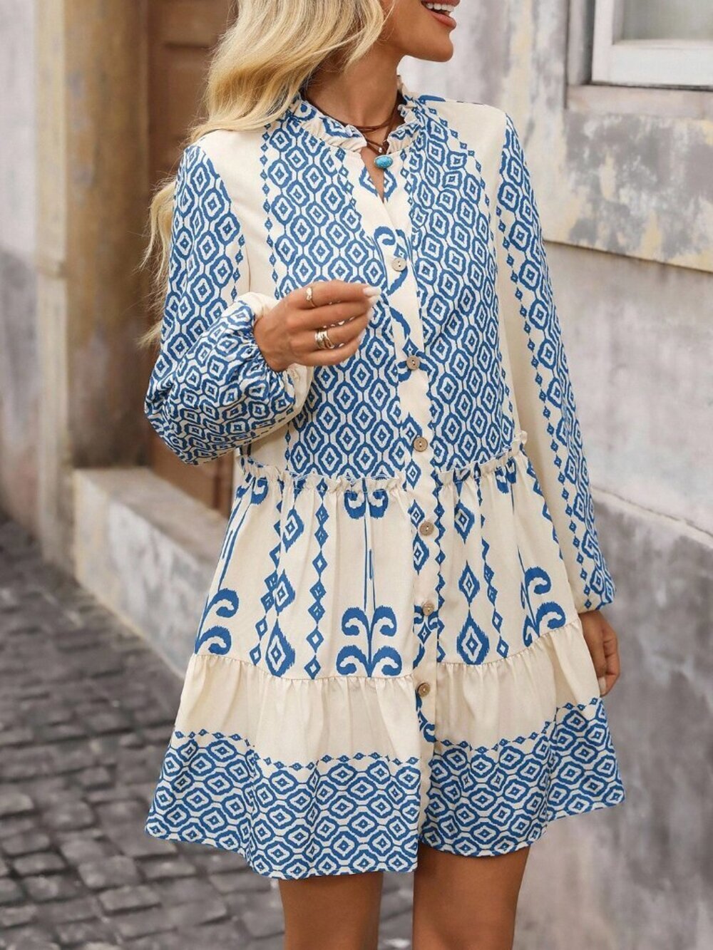 Blue Boho Women's Geometric Lantern Sleeve Frill Trim Mini Dress - Picture 8 of 8